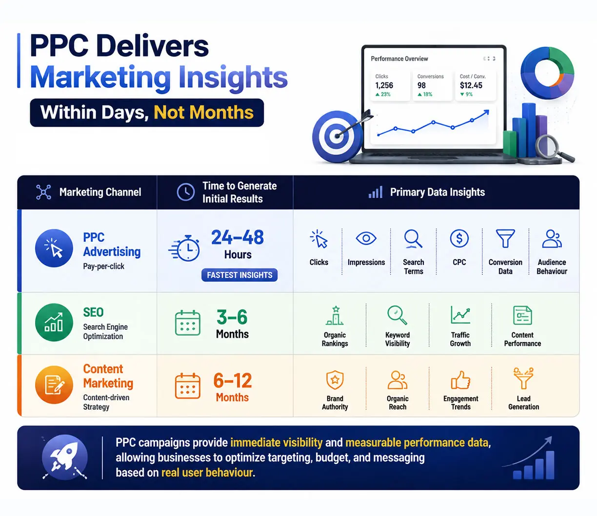 Comparison showing PPC advertising generates measurable results within 24 to 48 hours, while SEO and content marketing require months to build visibility and performance insights.