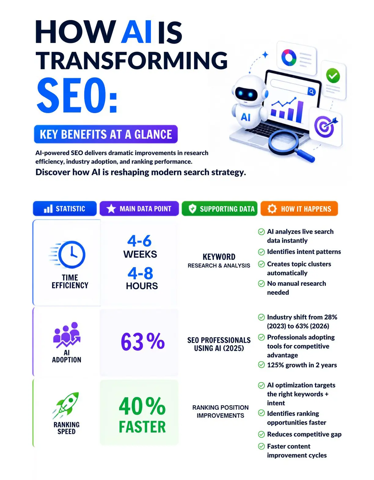 AI-powered SEO benefits infographic: 4-8 hour keyword research, 63% adoption by SEO professionals, 40% faster ranking position improvements for businesses